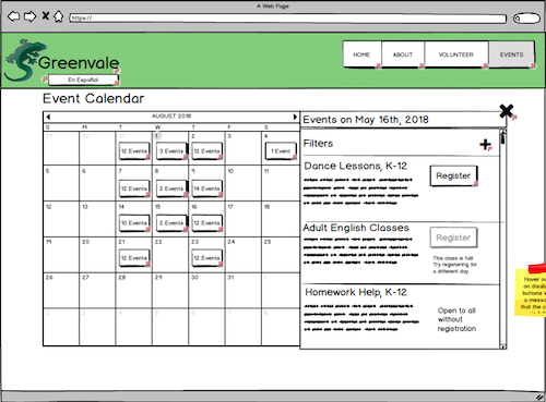 Mockup of a new event calendar for greenvale